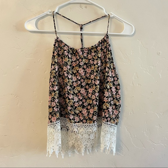 LA Hearts Black & Pink Floral Printed Lace Hem Blouse Small - Picture 1 of 9